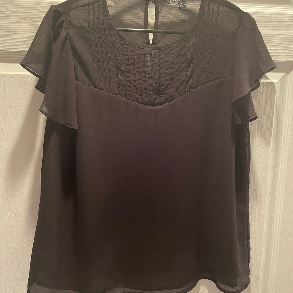 Haute Monde Black Flutter Sleeve Blouse with Bib Collar